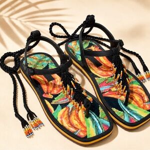 FARM RIO Beaded Black Ankle Wrap Sandals